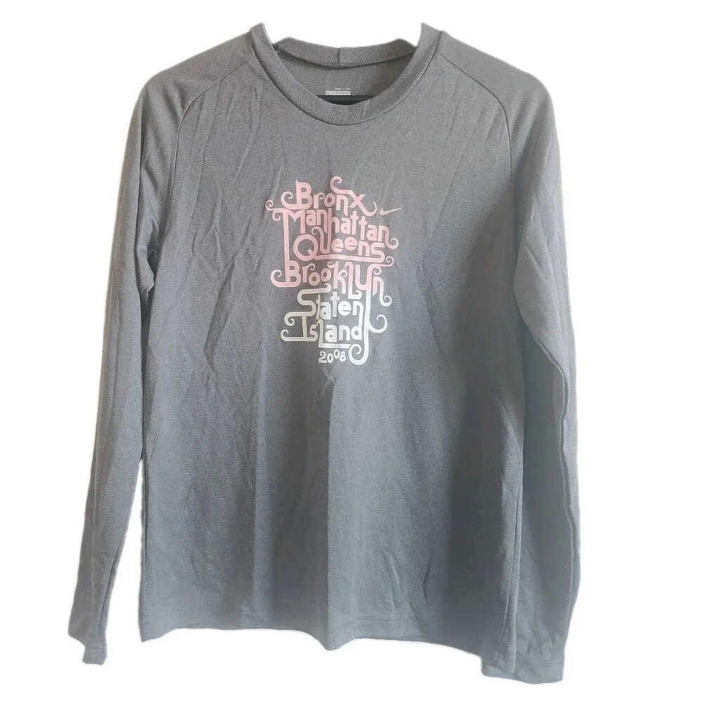 Nike Dri Fit Running Shirt Women Gray Long Sleeve Athletic Training Top NYC 2008